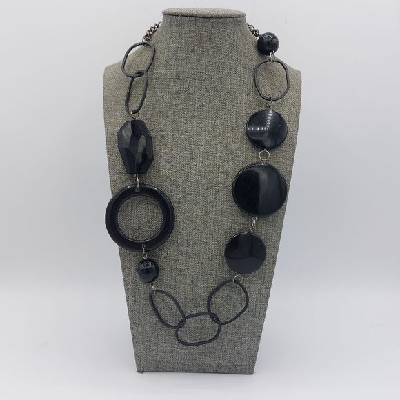 Black Necklace Faceted Resin Beads Large Link Chain Light Weight 24" Silver Tone - Picture 1 of 10